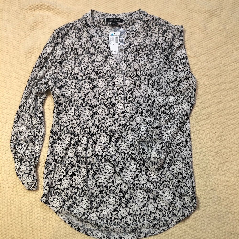 ROZ & ALI black/white stretch shirt button down with pearls, 3/4 sleeve, Sz M - Picture 1 of 5